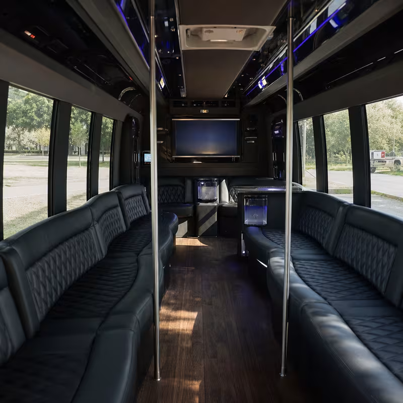 Friends laughing during a Dallas party bus celebration