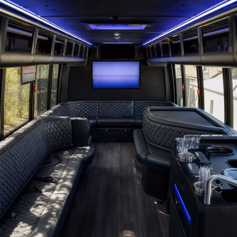 Passenger watching the Dallas scenery during a regional party bus road trip