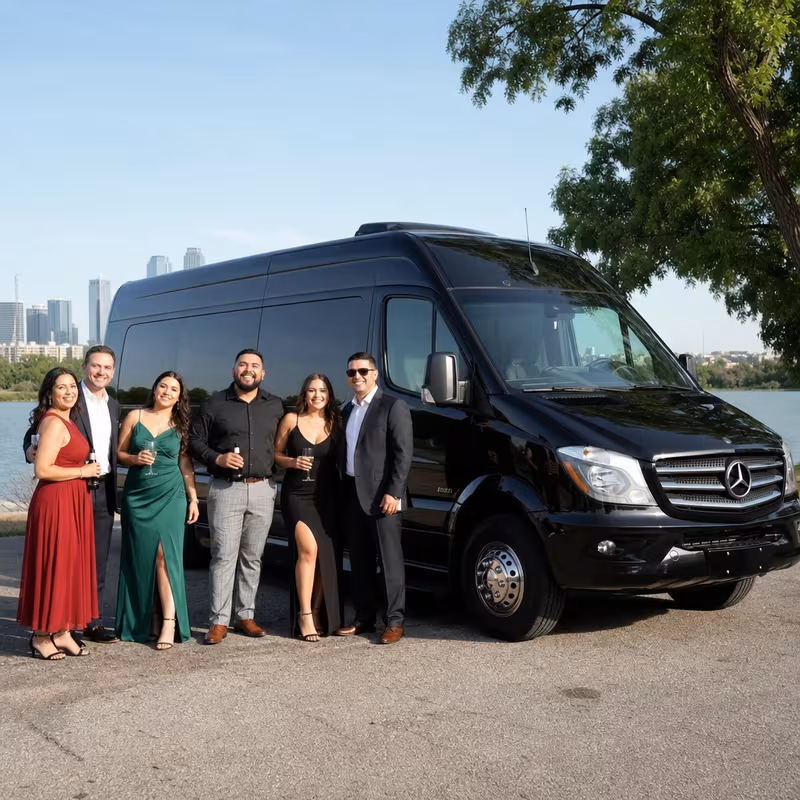 Group beside a Mercedes Sprinter limo from the Dallas fleet