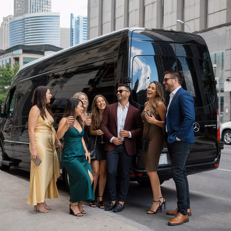 Group boarding a white charter bus for Bachelor & Bachelorette Transportation transportation in Dallas