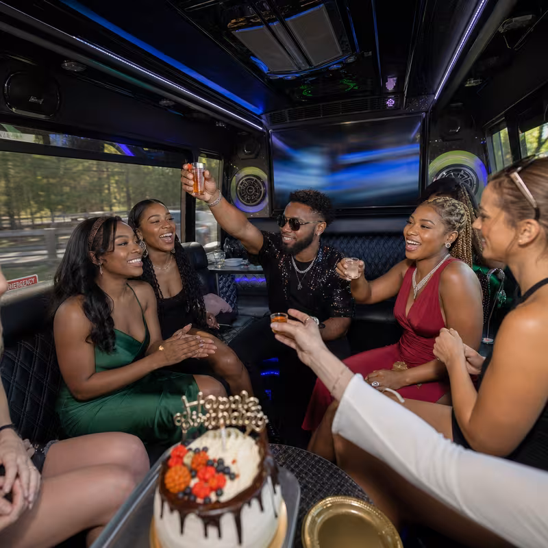 Black Mercedes Sprinter van staged for an Dallas Birthday Transportation group