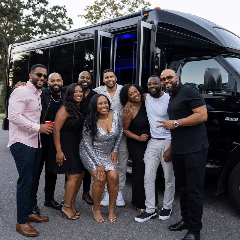 Party bus interior with wraparound leather seating and LED lighting in Dallas