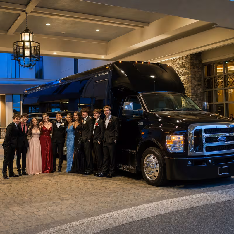 Party bus interior with wraparound leather seating and LED lighting in Dallas