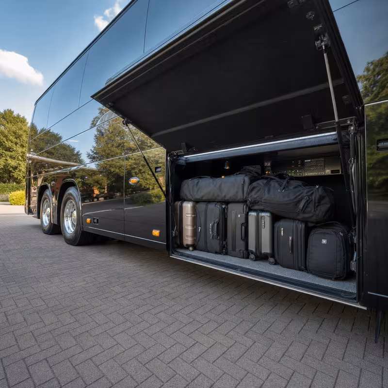 Party bus interior with wraparound leather seating and LED lighting in Dallas